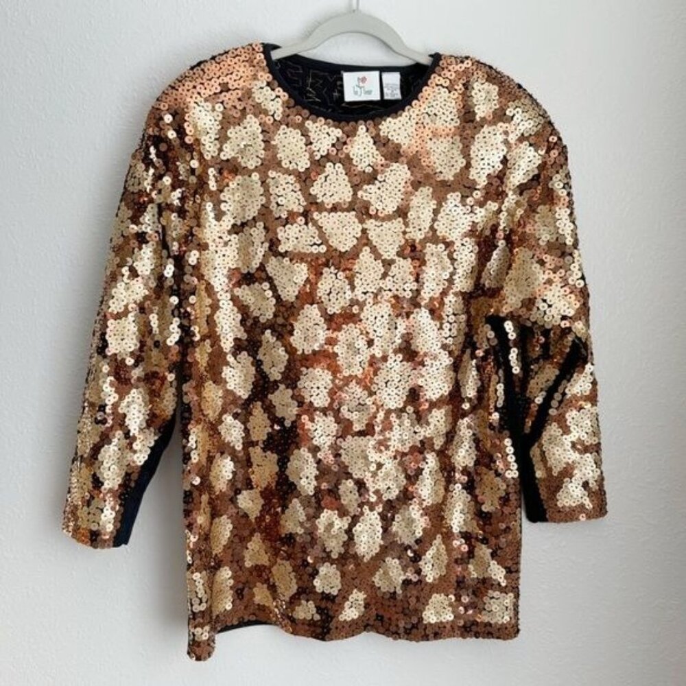 La Fleur Vintage metallic sequin gold long sleeve sweater animal print M